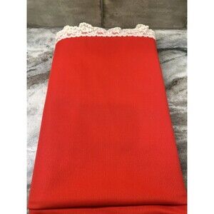 Vintage Red Nylon/pol Tablecloth W/Lace Trim Handmade Christmas Valentine 50x65”